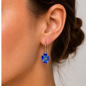 Vintage Sterling Silver Blue Enamel Floral Dangle Earrings FAS 925
